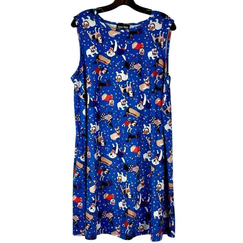 Dress Works Sleeveless Blue Patriotic Dog Star Swing Dress XL